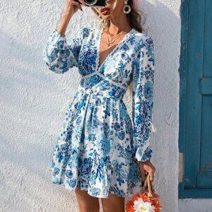 Floral Print V-Neck Long Sleeve Ruffle Hem Mini Dress - Blue